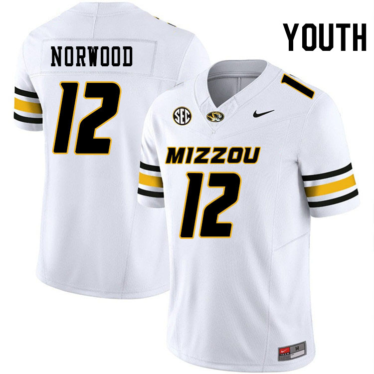 Youth #12 Dreyden Norwood Missouri Tigers College Football Jerseys Stitched-White